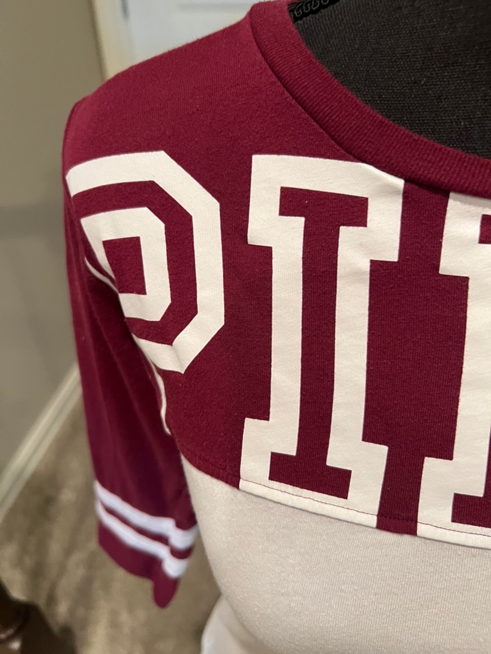 PINK Victoria's Secret Maroon and White Raglan Crewneck Top - Picture 4 of 9